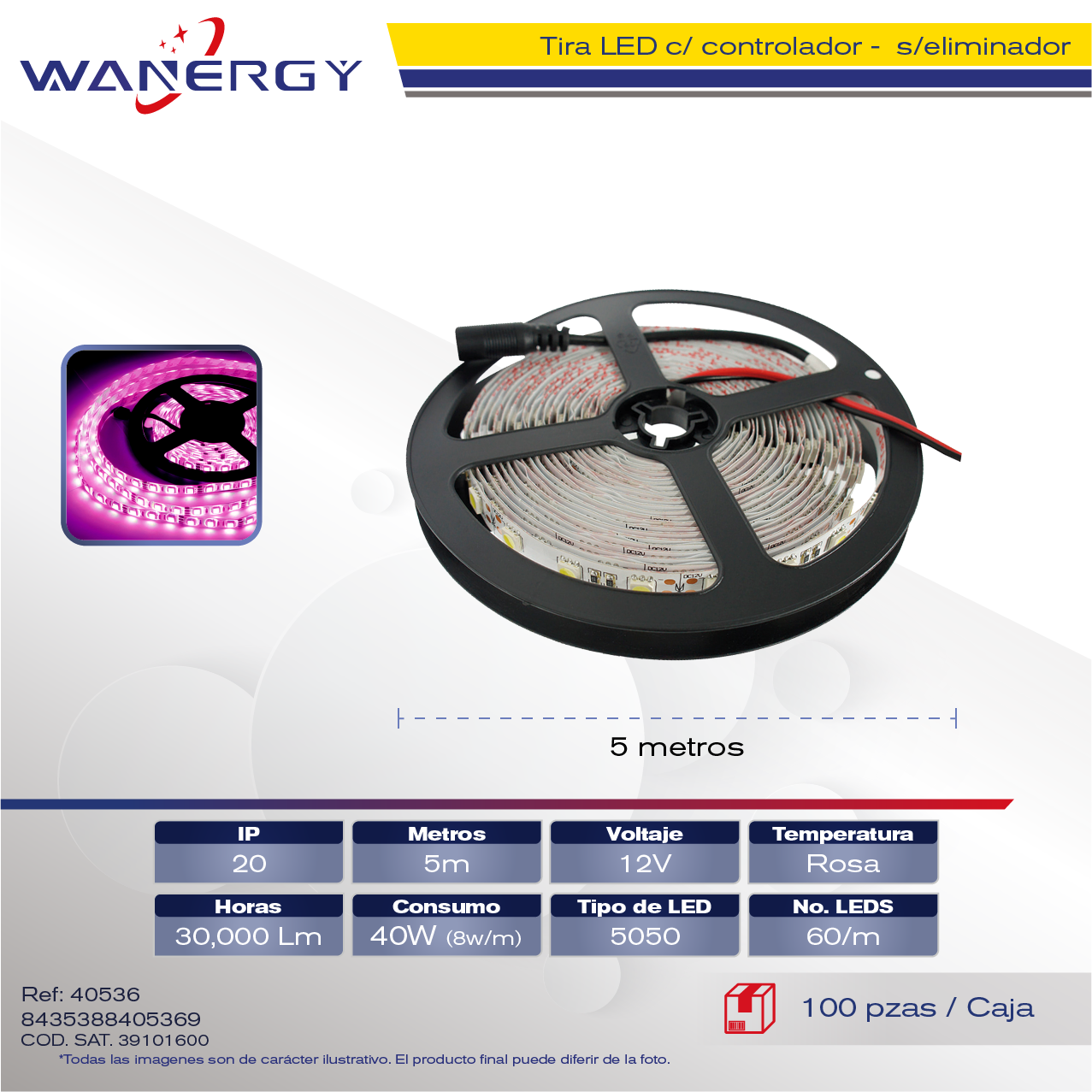 TIRA LED 12V-5050-60LED 5M C/CONTROLADOR SIN/ELIMINADOR