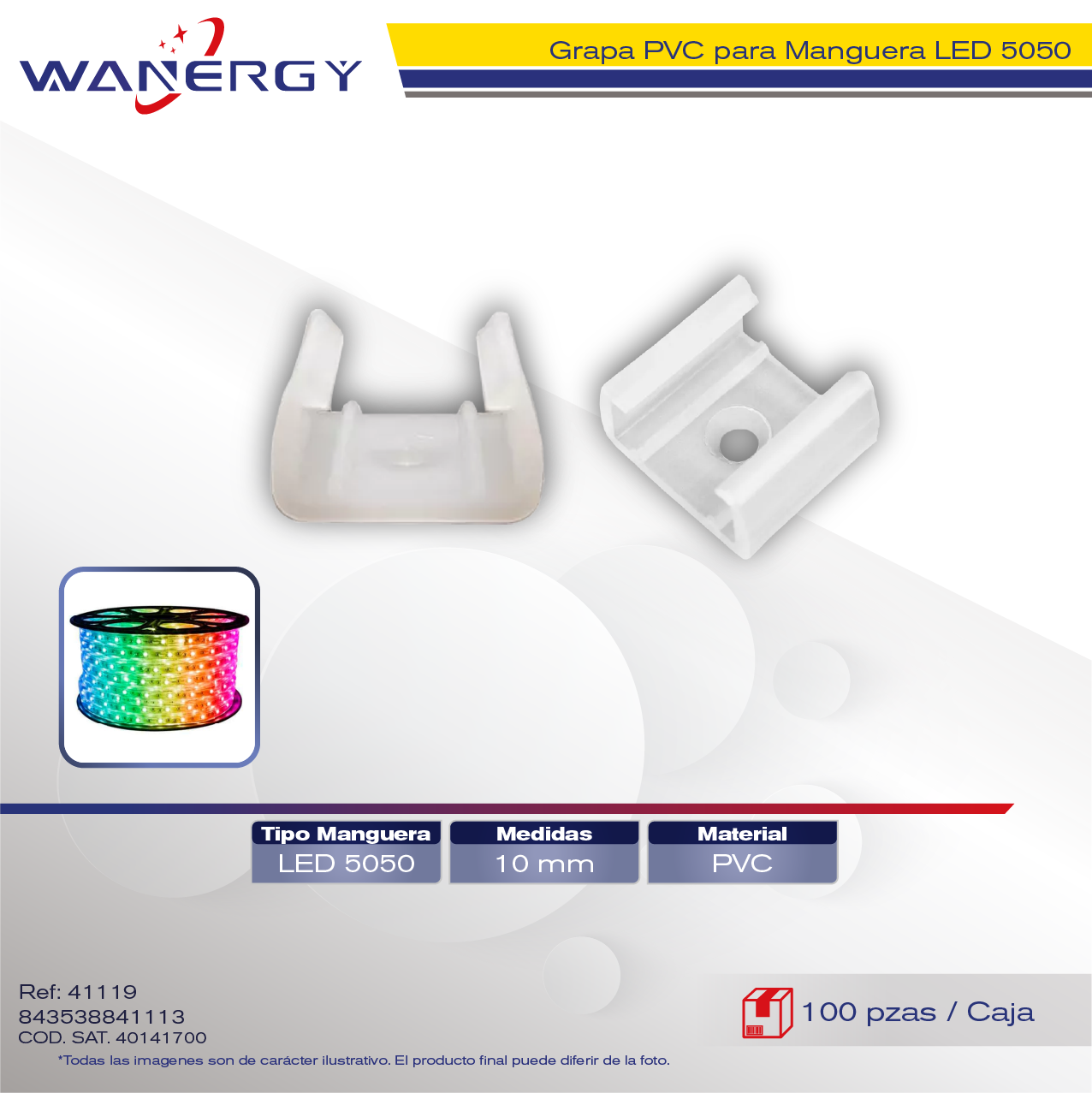 "GRAPA PVC PARA MANGUERA 5050-DOBLE LED 10MM 100PCS"