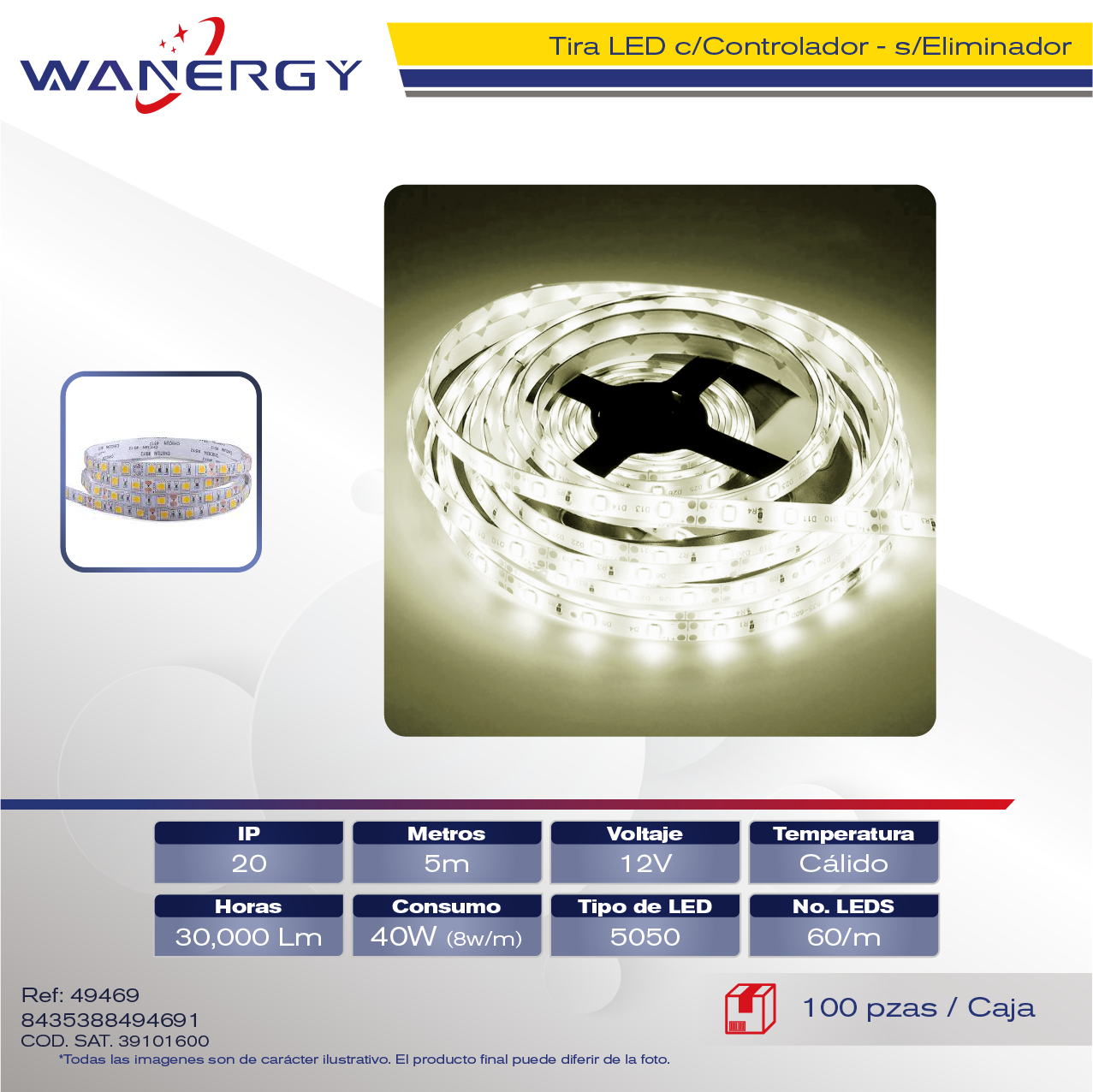 TIRA LED 12V-5050-60LED 5M C/CONTROLADOR SIN/ELIMINADOR