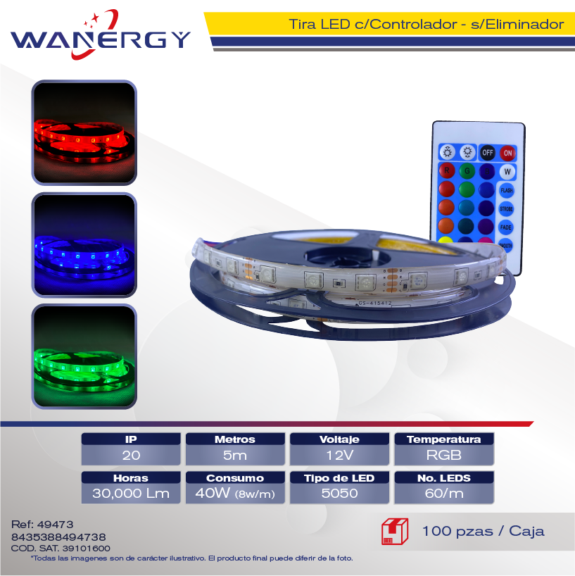TIRA LED 12V-5050-60LED 5M C/CONTROLADOR SIN/ELIMINADOR