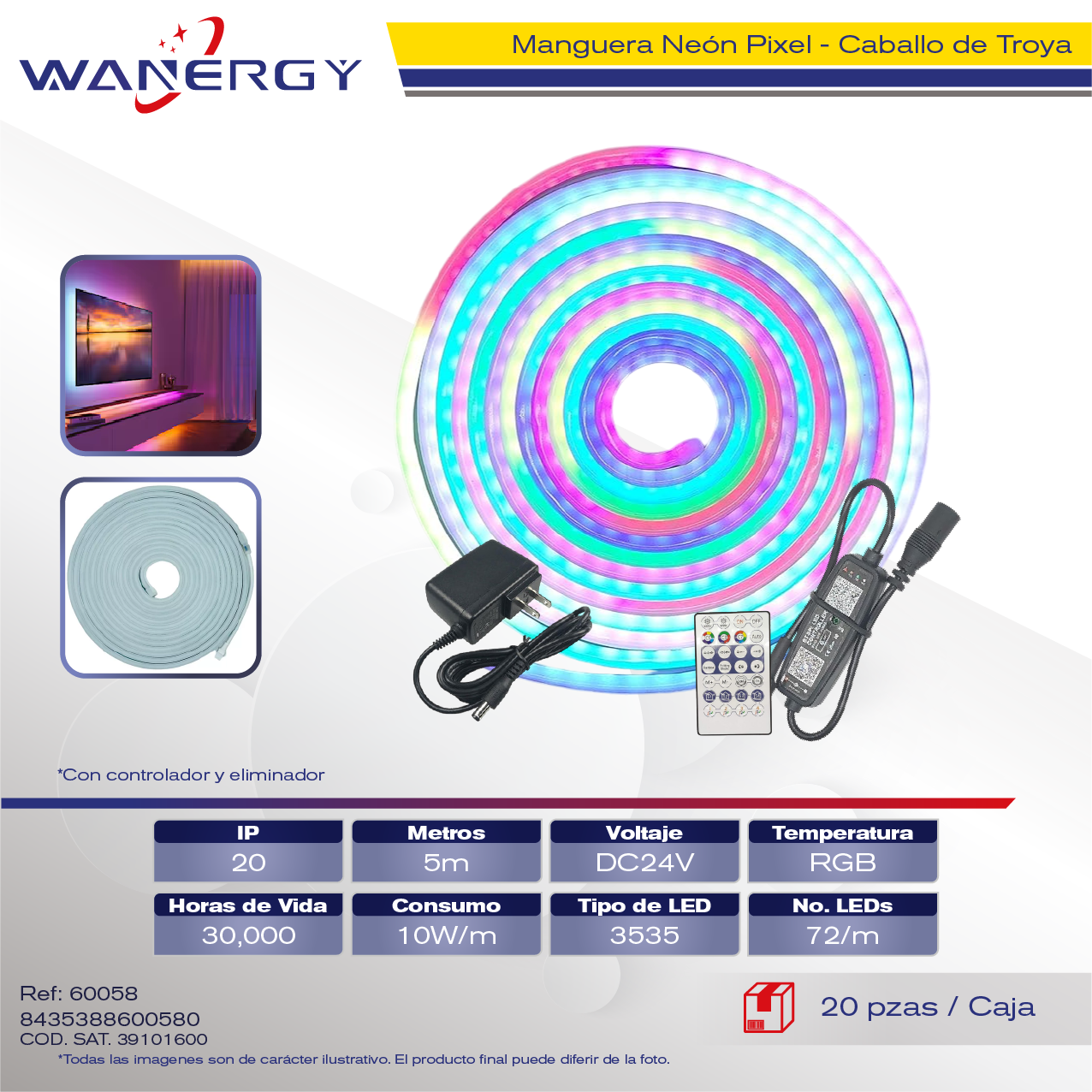 MANGUERA NEON CABALLO TROYA RGB 3535/72D C/CONTROLADOR C/ELIMINADOR 24V COMPLETO