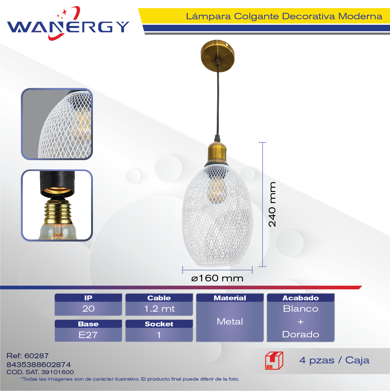 LAMPARA COLGANTE DECORATIVO MODERNO METALICO DORADO+BLANCO