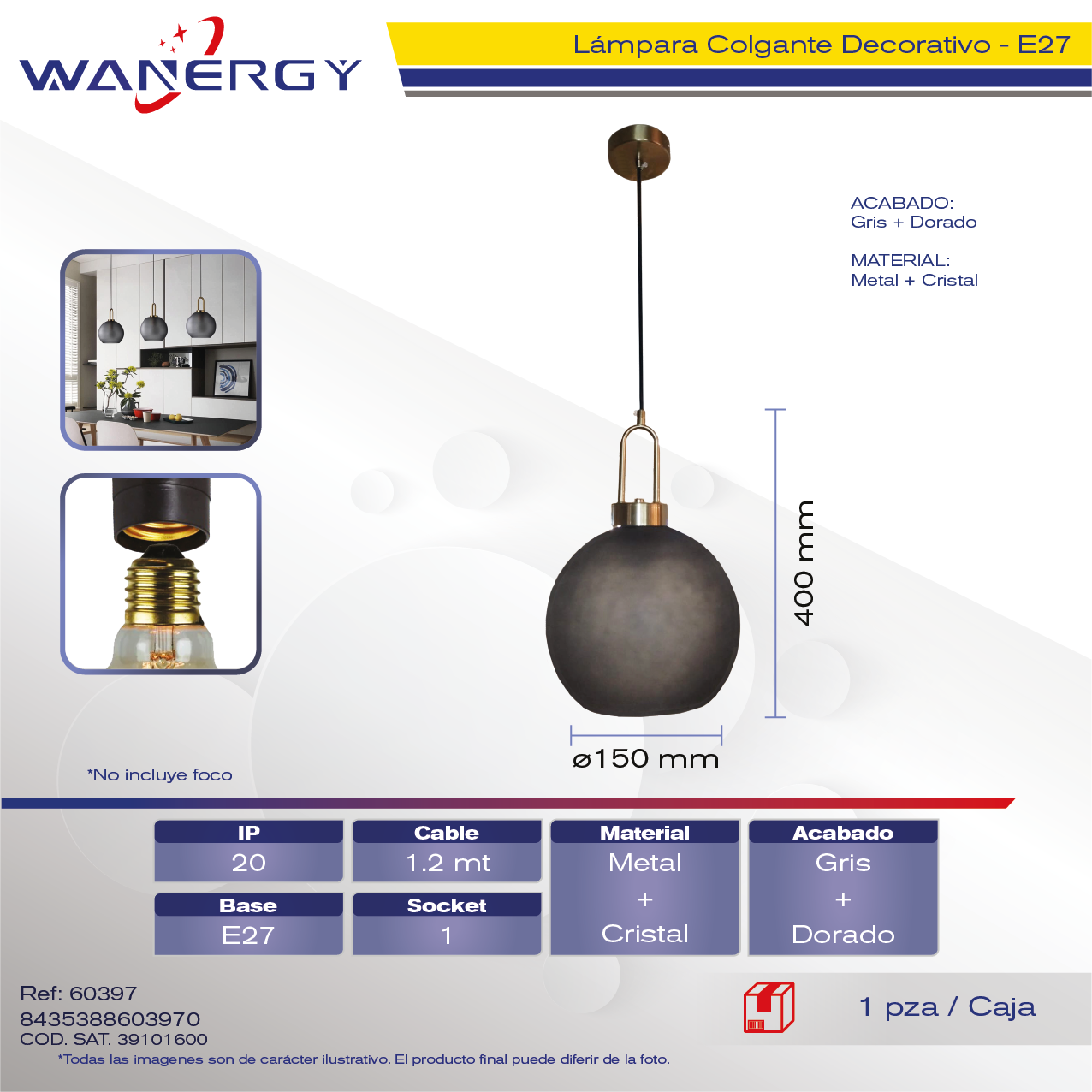 LAMPARA COLGANTE DECORATIVO MODERNO METALICO Y CRISTAL GRIS CROMO