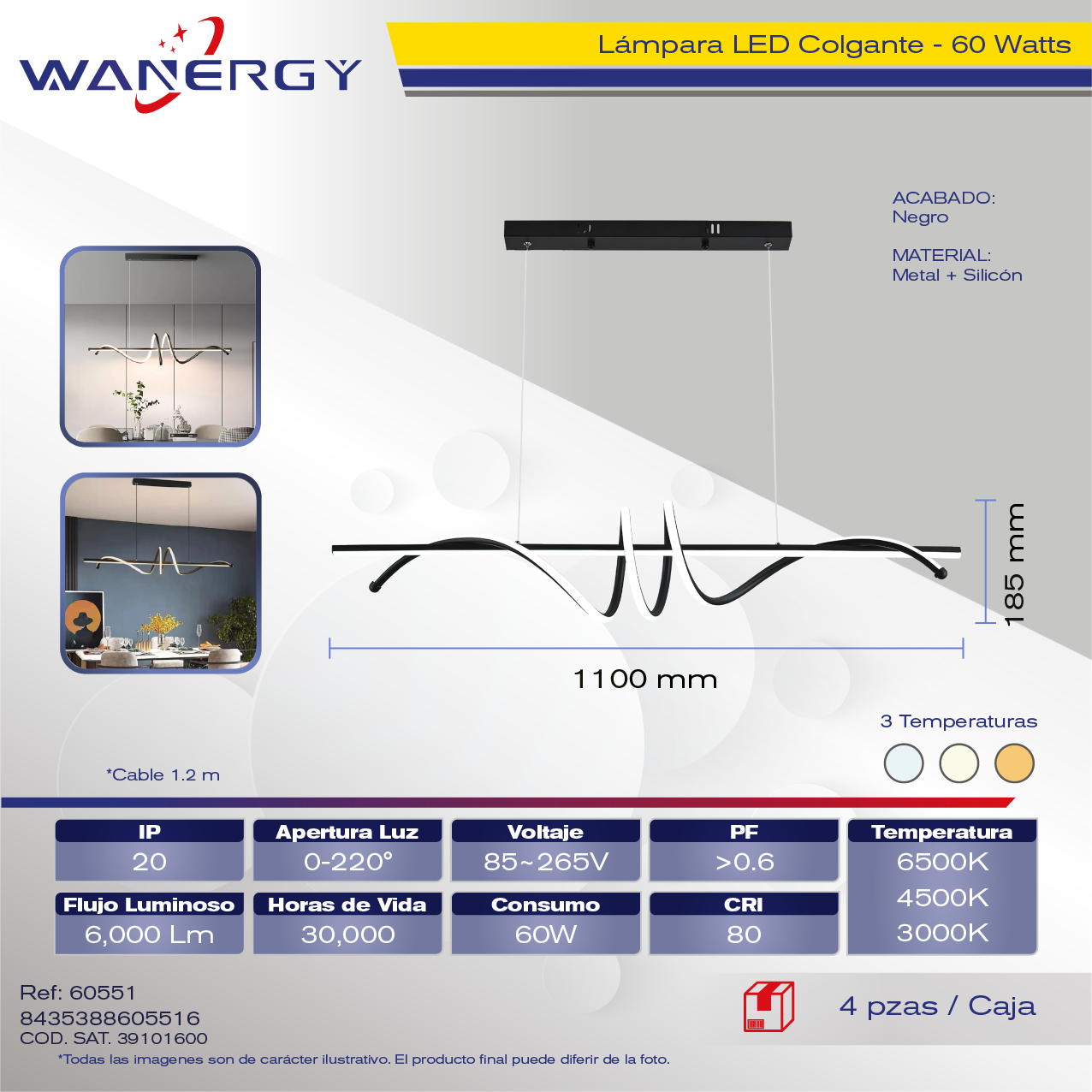 "LAMPARA COLGANTE DE TECHO METALICO Y SILICON TRES TEMPERATURAS"