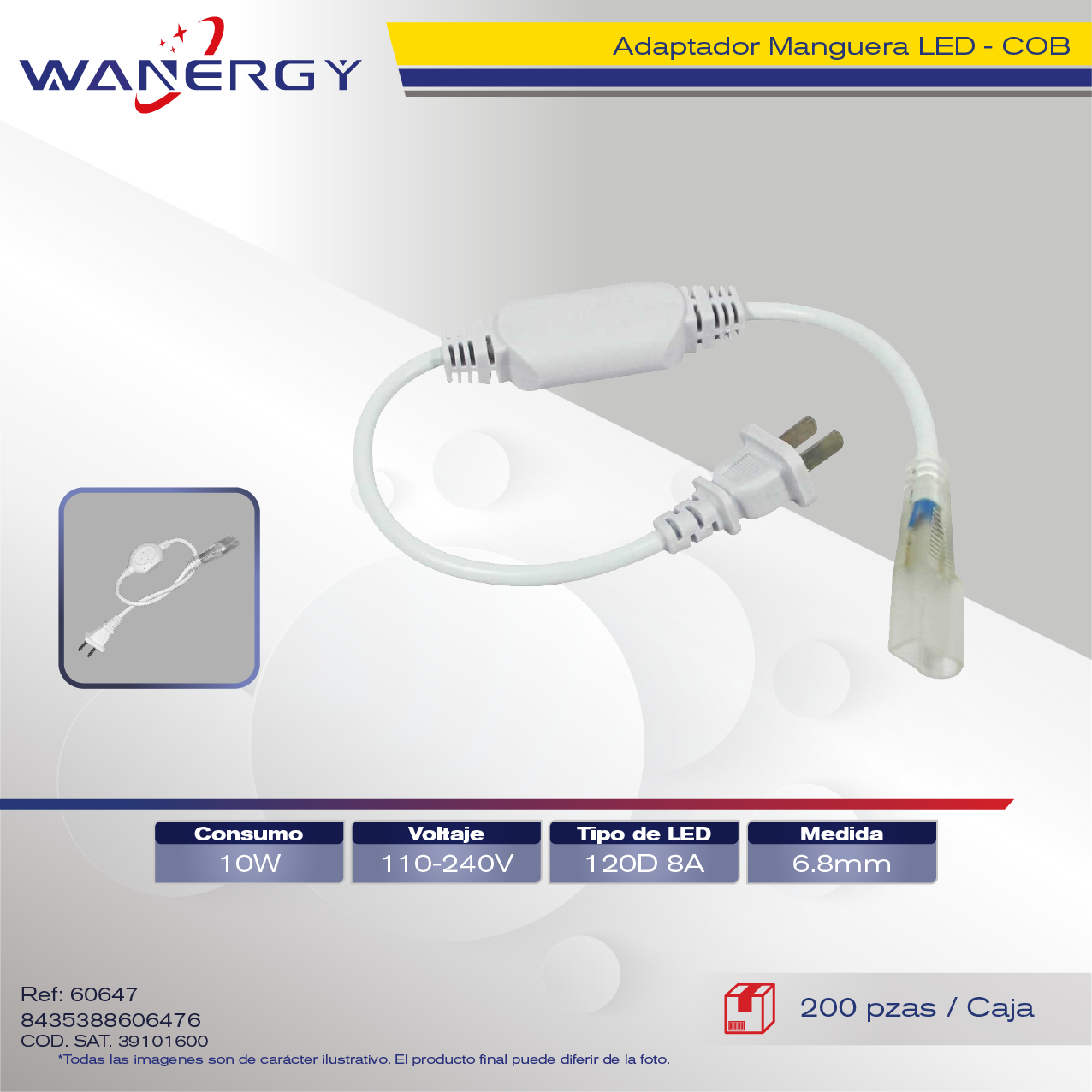 "ADAPTADOR MANGUERA COB LED 6.8MM 120D 10W/M/127V 8A"
