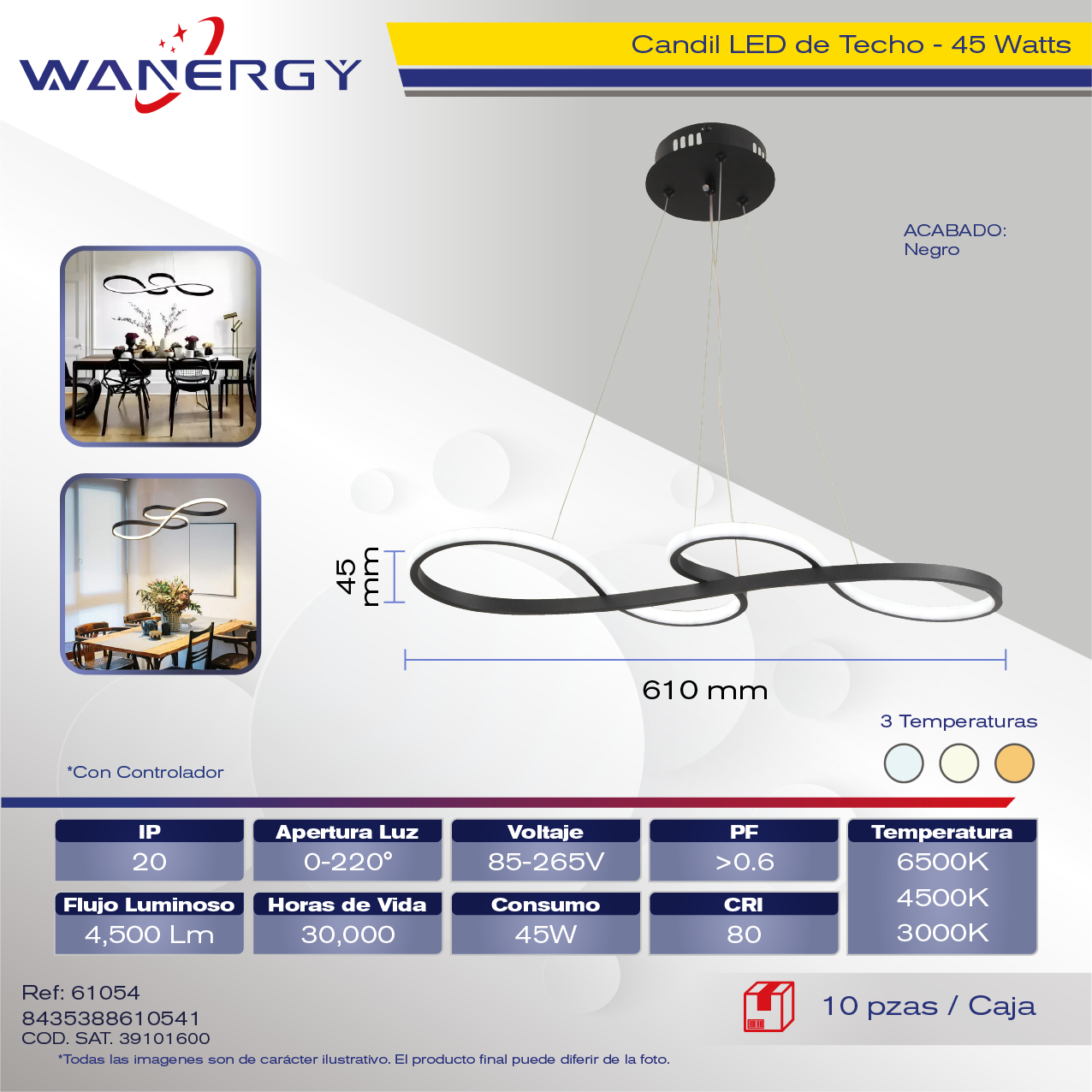 CANDIL LED TECHO TRES TEMPERATURAS NEGRO C/CONTROLADOR Y BATERIA