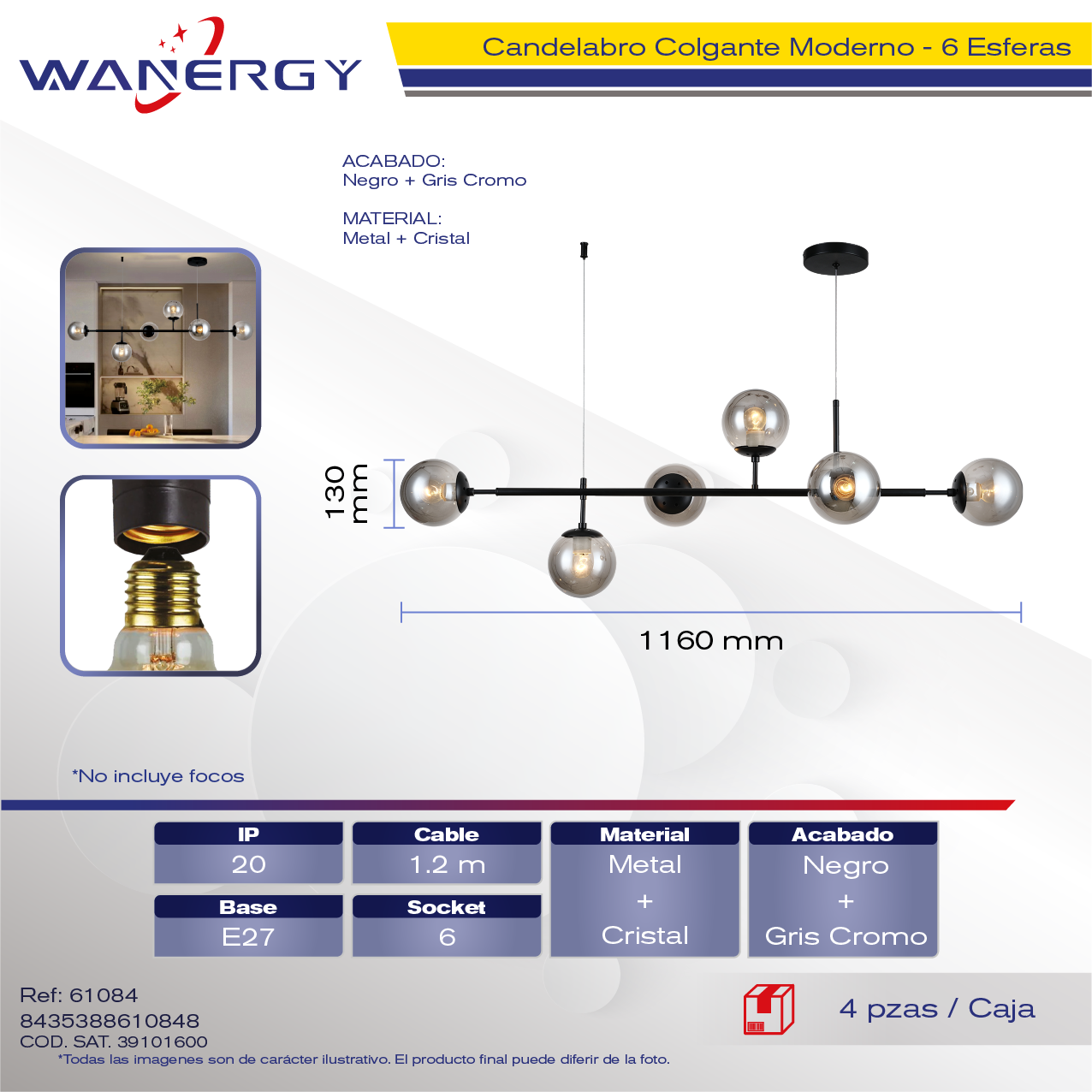CANDELABRO DE TECHO 6 ESFERAS METALICO