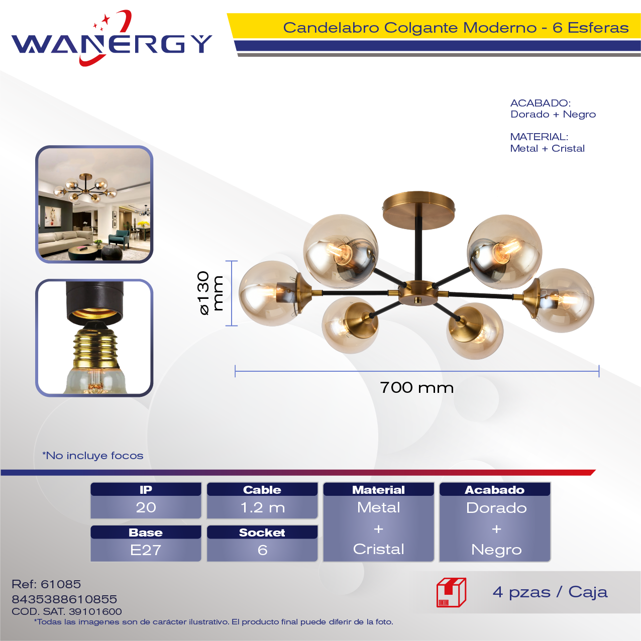 "CANDELABRO DE TECHO 6 ESFERAS METALICO"