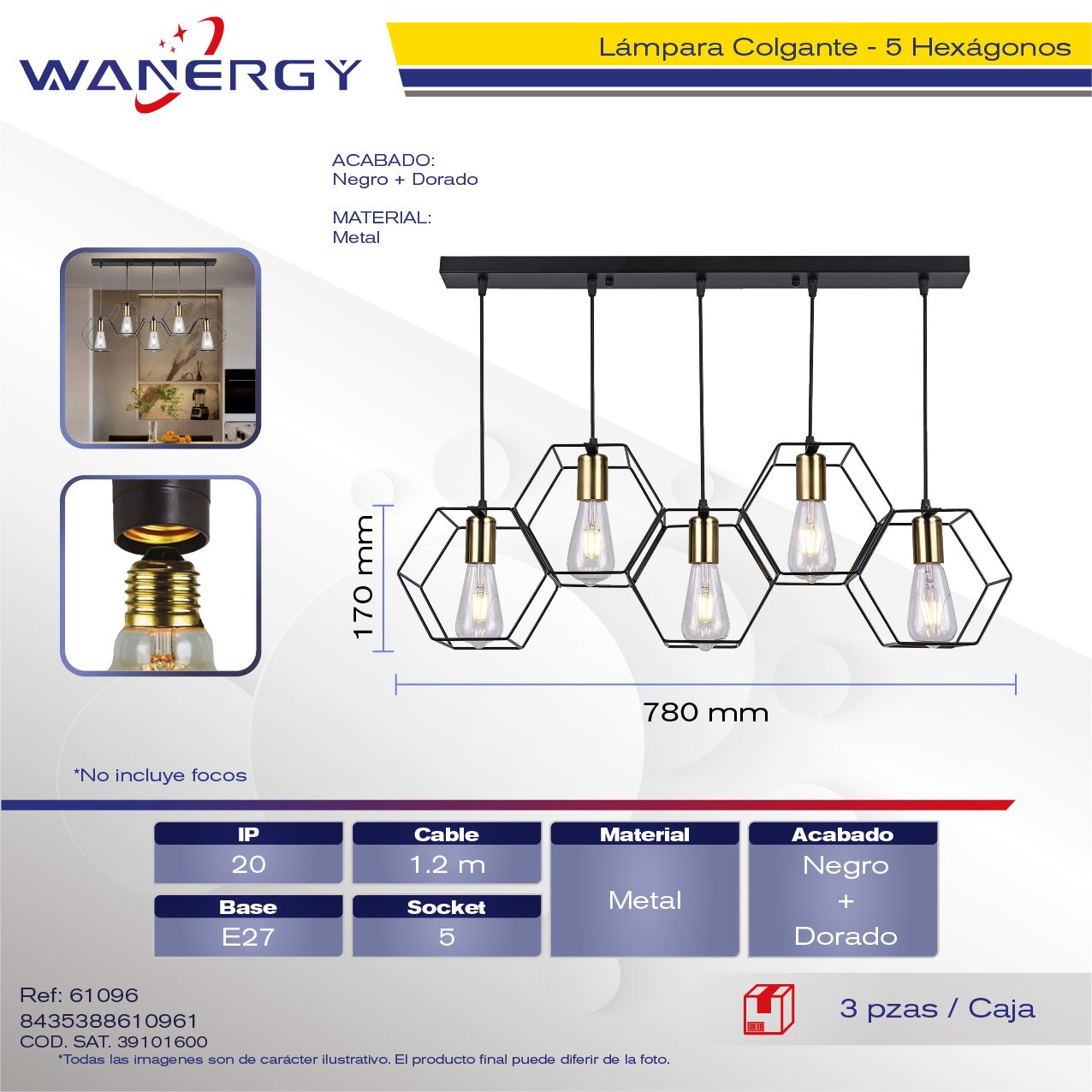 "LAMPARA COLGANTE DECORATIVO MODERNO 5 CABEZAS METAL"