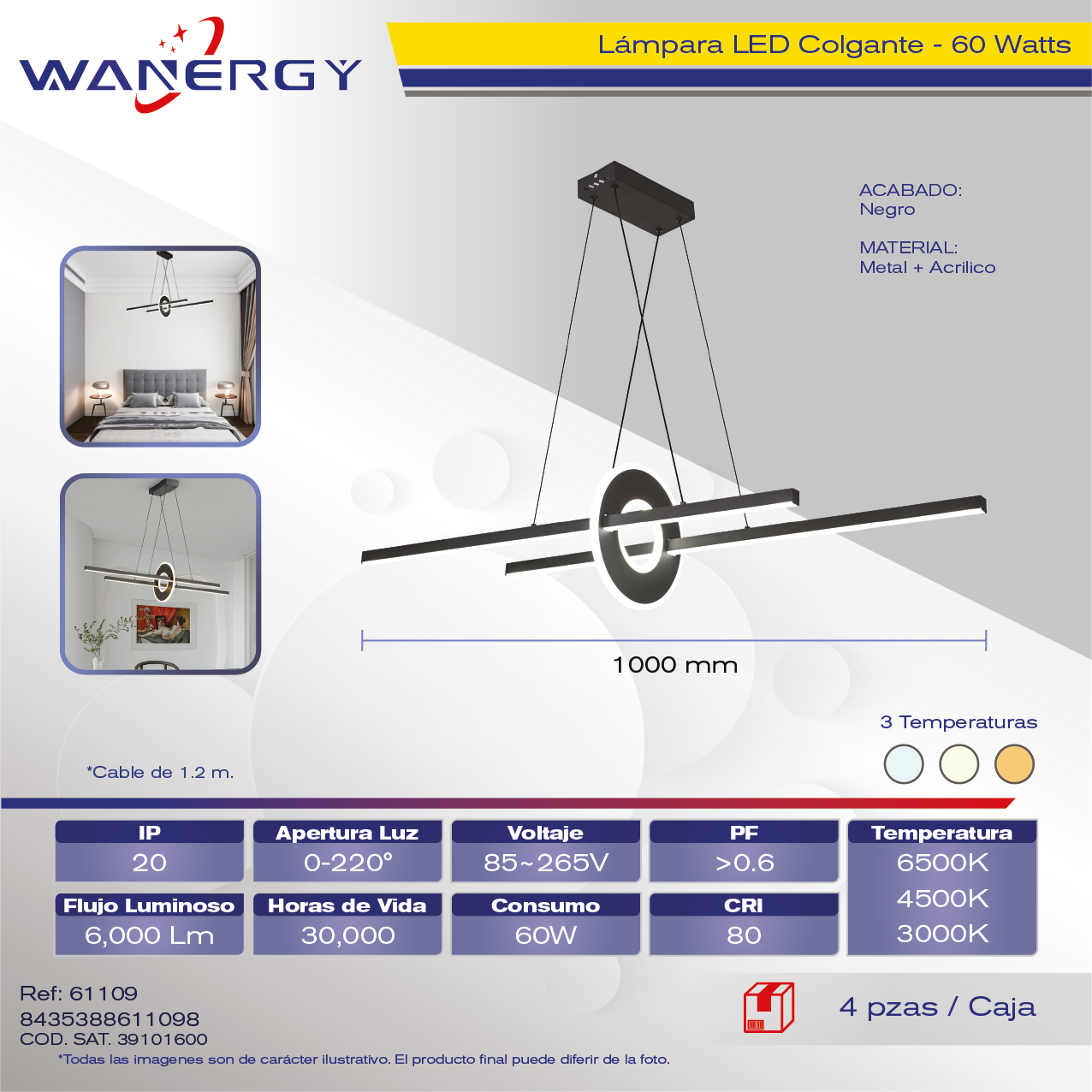 "LAMPARA COLGANTE MODERNA METALICO+ACRILICO TRES TEMPERATURAS"