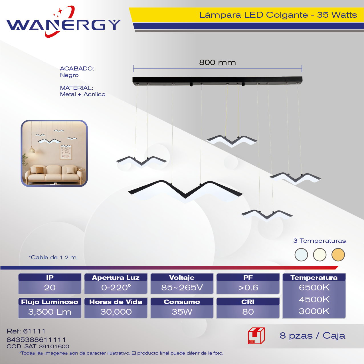 "LAMPARA COLGANTE MODERNA METALICO+ACRILICO TRES TEMPERATURAS"