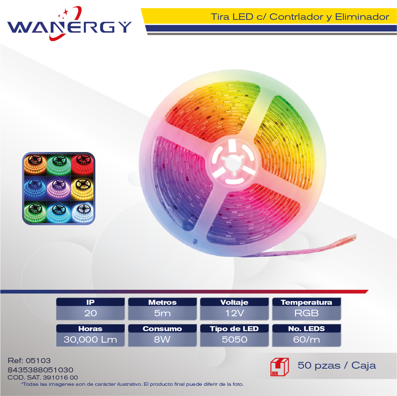 TIRA LED 12V-5050-60LED 5M C/CONTROLADOR C/ELIMINADOR COMPLETO