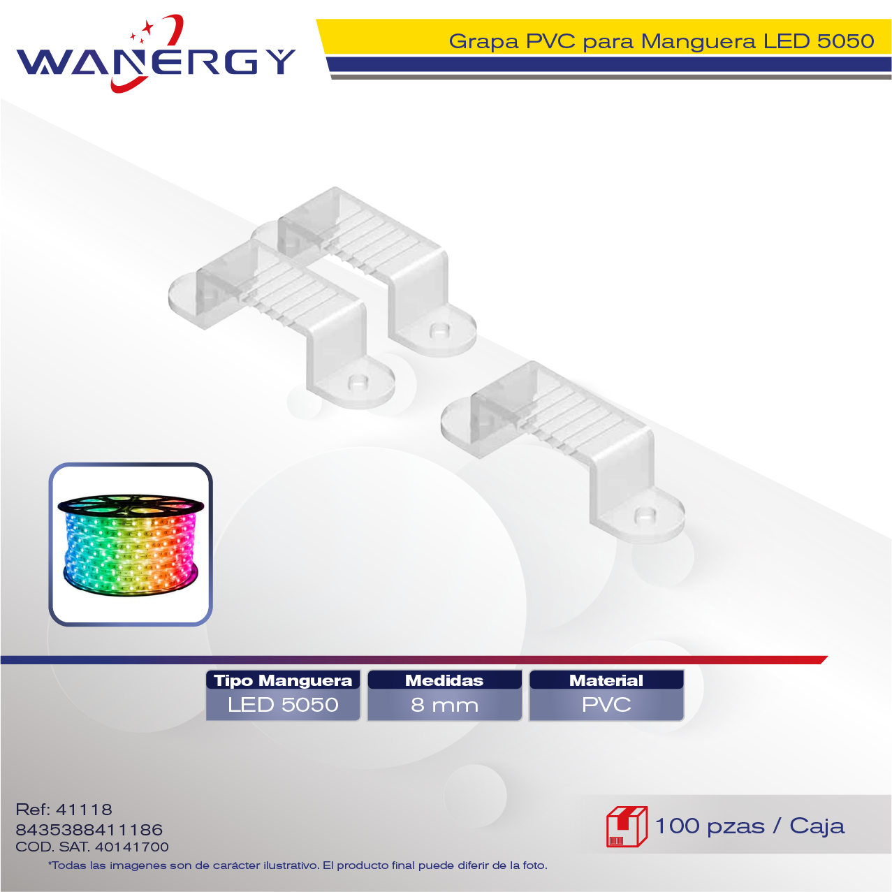 "GRAPA PVC PARA MANGUERA 5050-60LED 8MM 100PCS"