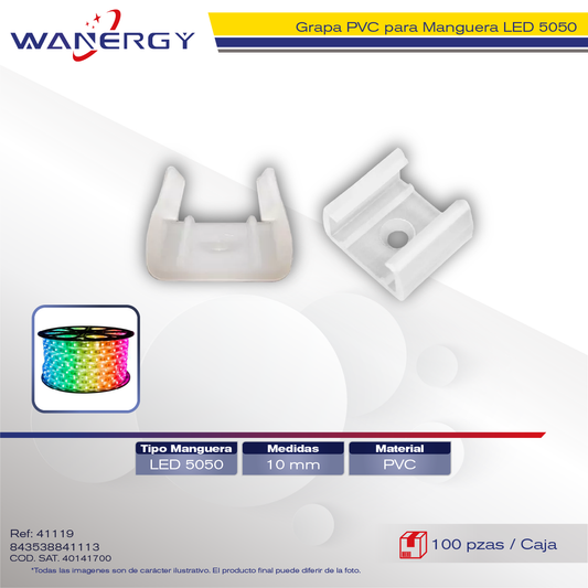 "GRAPA PVC PARA MANGUERA 5050-DOBLE LED 10MM 100PCS"