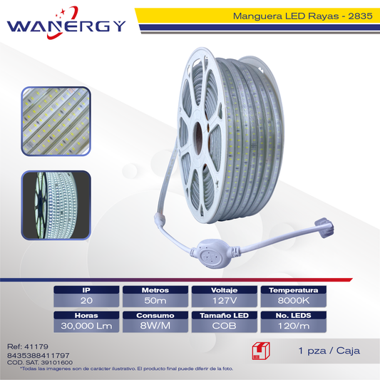 MANGUERA LED RAYAS,2835- 120D 127V 8MM/CONECTOR
