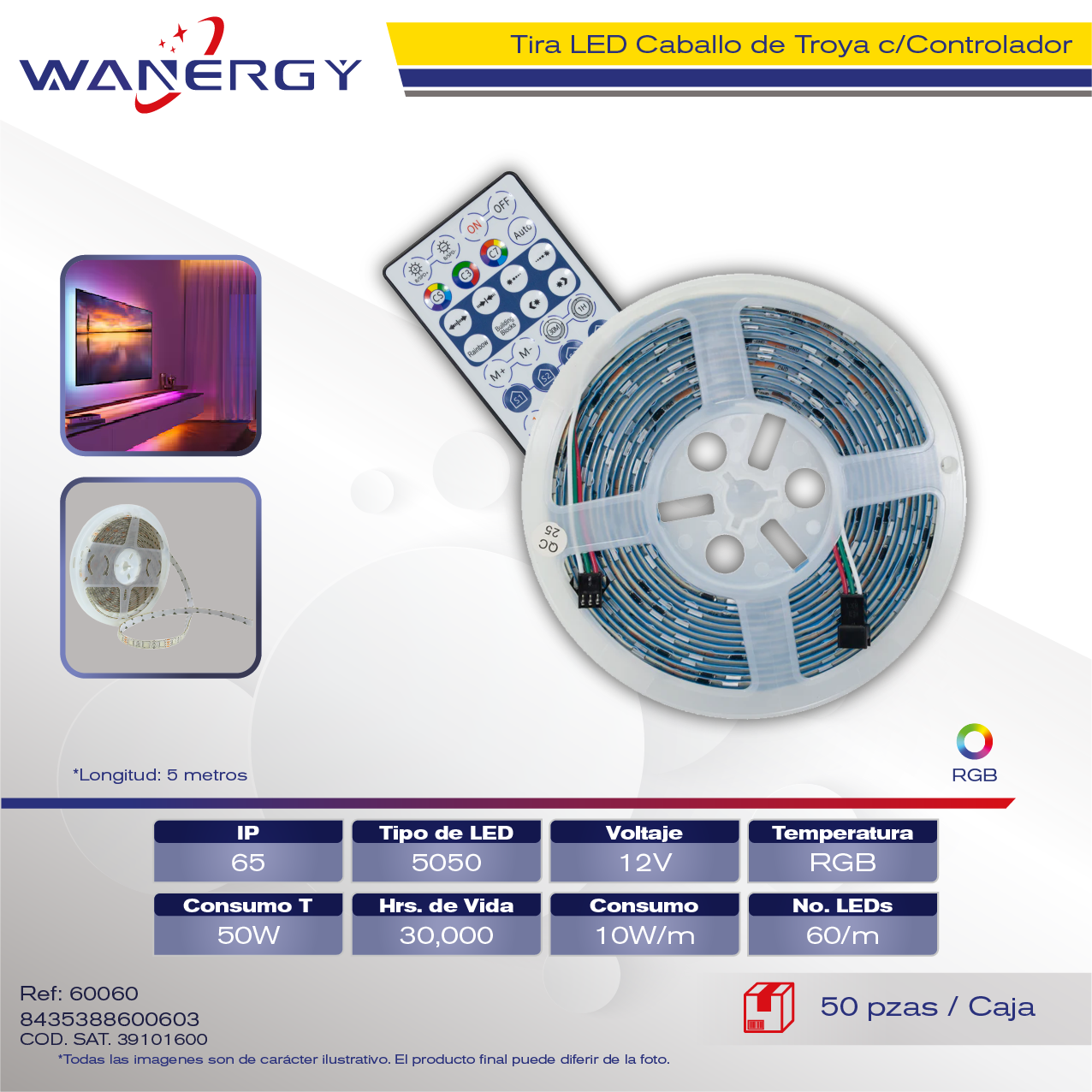 TIRA LED CABALLO TROYA 12V-5050-60LED 5M C/CONTROLADOR