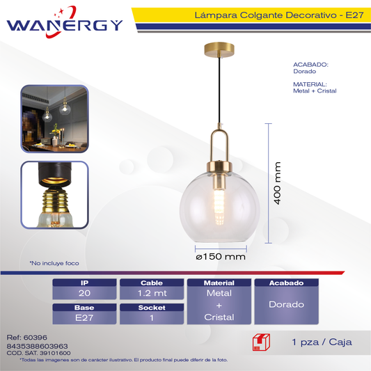 LAMPARA COLGANTE DECORATIVO MODERNO METALICO Y CRISTAL TRANPARENTE