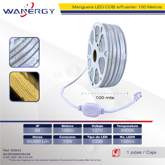MANGUERA  LED COB 120D 10W/M/127V 100M SIN FUENTE/CONECTOR