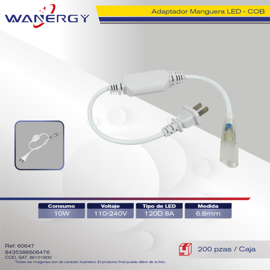 "ADAPTADOR MANGUERA COB LED 6.8MM 120D 10W/M/127V 8A"