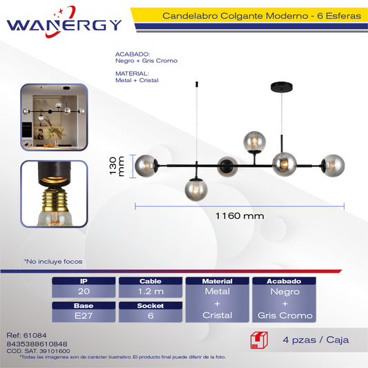 CANDELABRO DE TECHO 6 ESFERAS METALICO