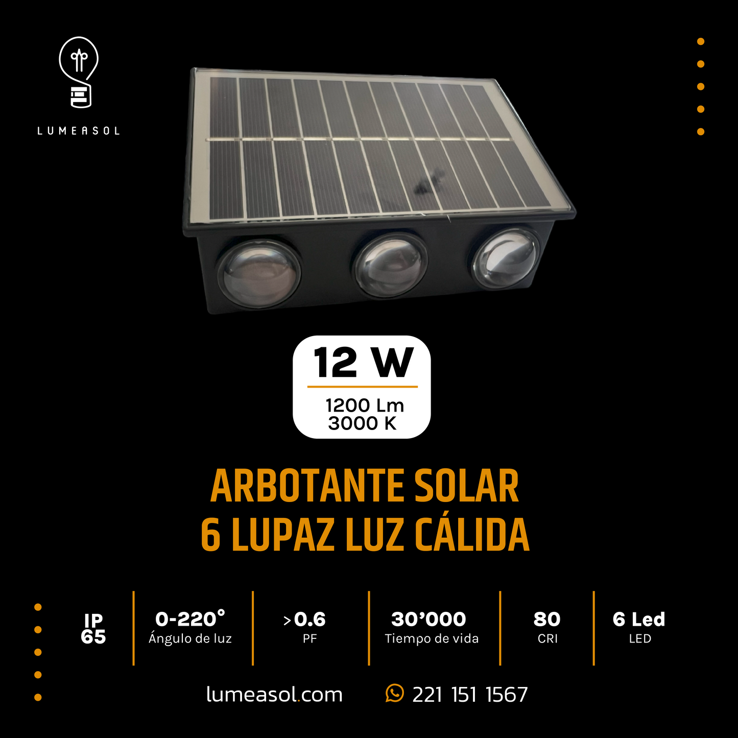 Wanergy Arbotante Solar 6 Lupas Luz Cálida